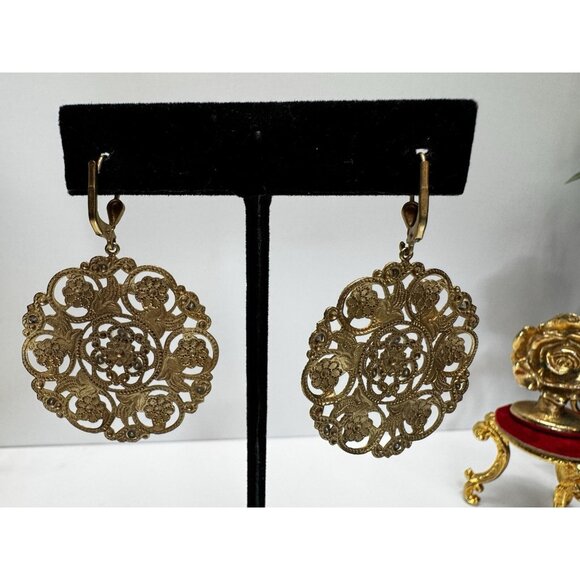 Vintage Gold Filigree Drop Earrings Turquoise Enamel Floral Boho Statement - Picture 4 of 8